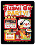 Sushi Go Party card game box featuring cute kawaii sushi characters on red and black background