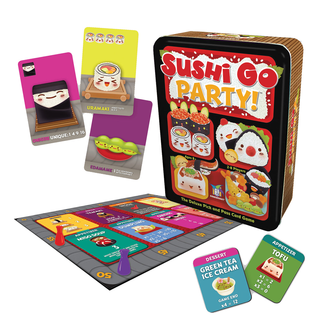Sushi Go Party card game tin box displayed with game board, cards, and pawns on white background.