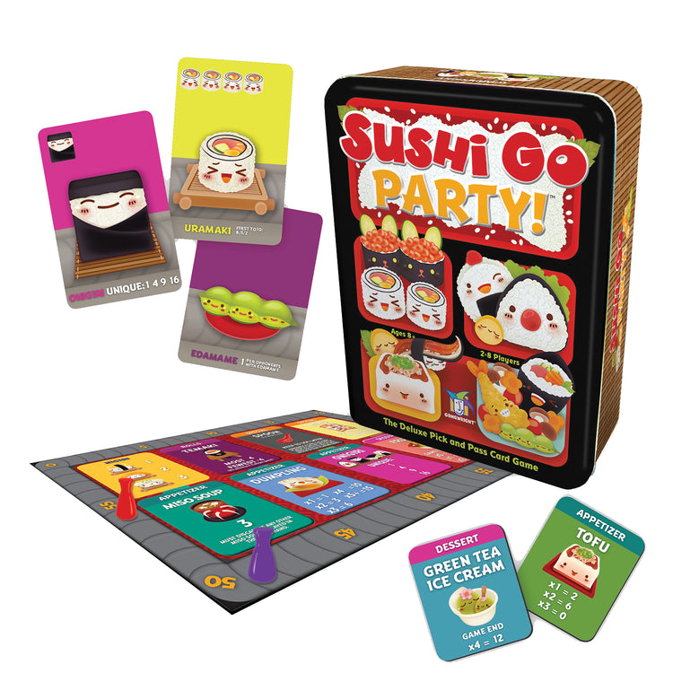Sushi Go Party card game tin box displayed with game board, cards, and pawns on white background.