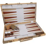 Open tan map-style leatherette backgammon set with brown and beige points, dice, and checkers