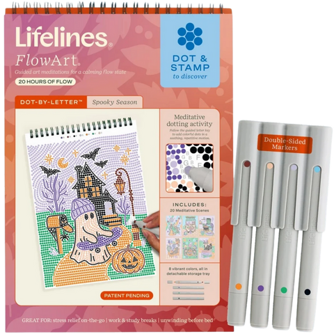 Lifelines FlowArt Dot-By-Letter Spooky Season activity book with double-sided markers set