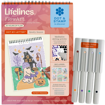 Lifelines FlowArt Dot-By-Letter Spooky Season activity book with double-sided markers set