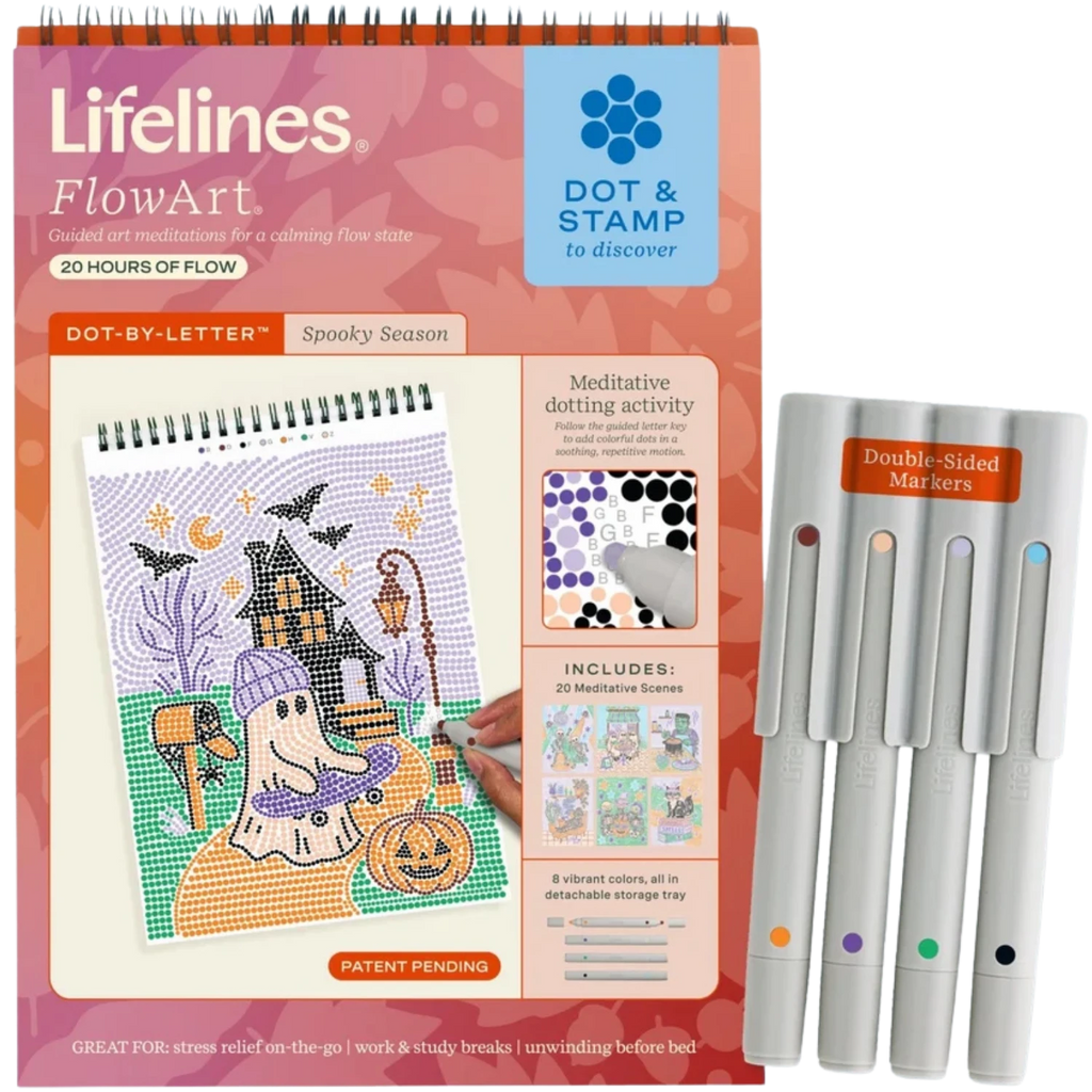 Lifelines FlowArt Dot-By-Letter Spooky Season activity book with double-sided markers set