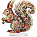 Ornate diamond painting squirrel tabletop decoration with colorful paisley floral gemstone design on clear acrylic stand