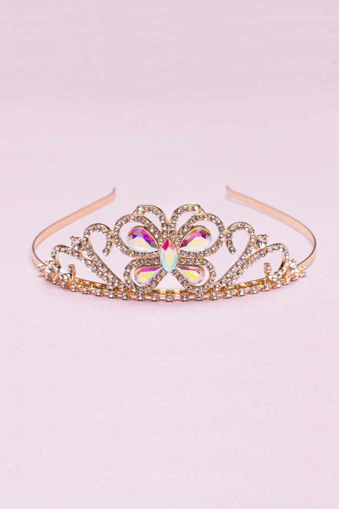 Gold princess tiara headband with iridescent butterfly crystal centerpiece and rhinestone detailing
