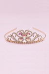 Gold princess tiara headband with iridescent butterfly crystal centerpiece and rhinestone detailing