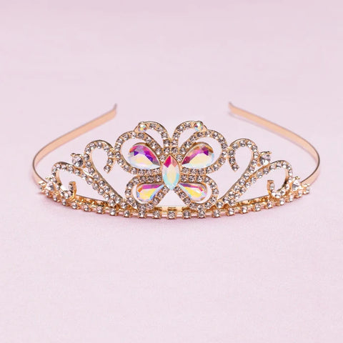 Gold princess tiara headband with iridescent butterfly crystal centerpiece and rhinestone detailing