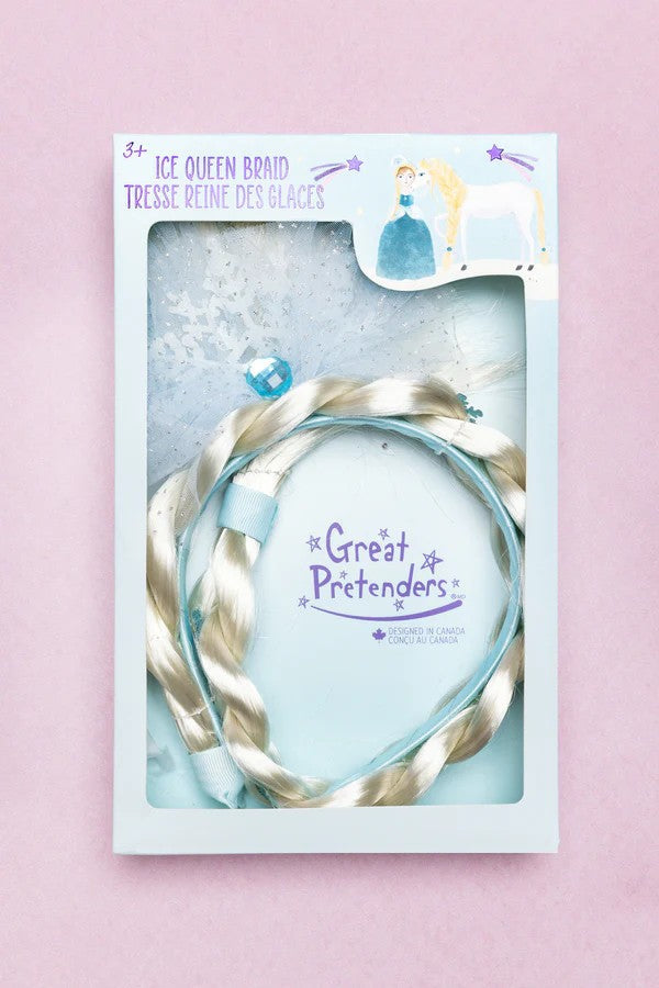 Great Pretenders Ice Queen Braid platinum blonde hair accessory in light blue packaging for ages 3+