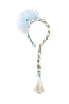Ice Queen Princess headband with platinum blonde braid and blue snowflake decorations