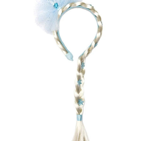 Ice Queen Princess headband with platinum blonde braid and blue snowflake decorations