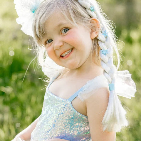 Ice Queen Princess headband with platinum blonde braid and blue snowflake decorations