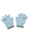 Light blue fuzzy kids gloves with rhinestone cuff trim and jewel embellishments on back
