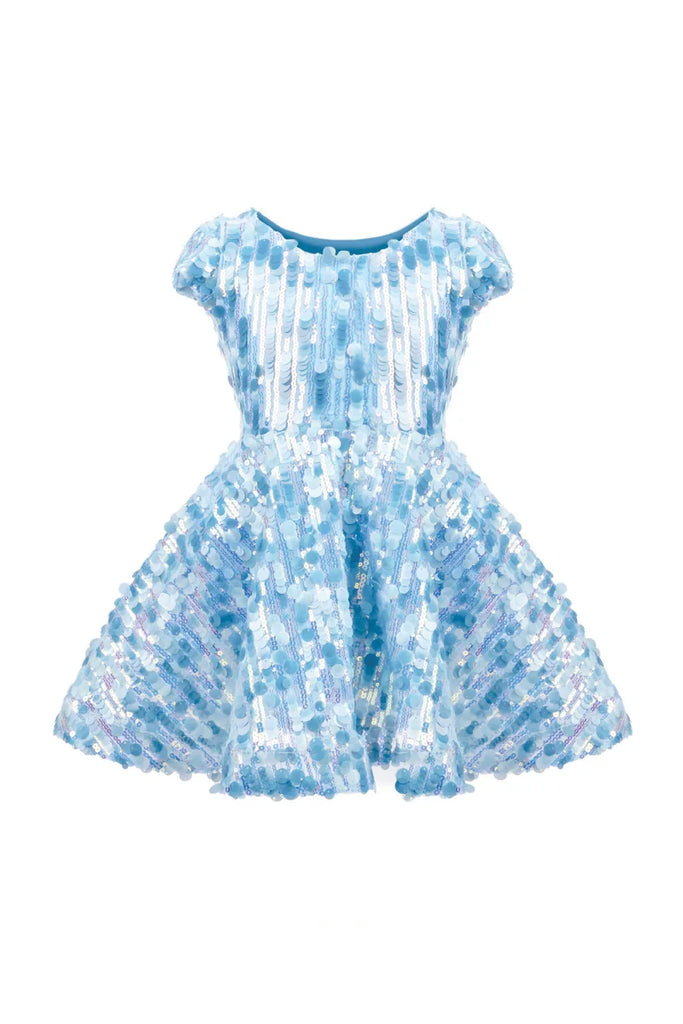 Light blue sequin concert queen dress with cap sleeves and full skirt for girls
