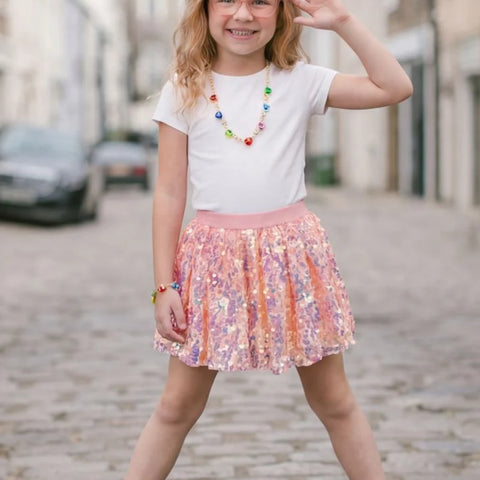Girls' hot pink sequin skirt with iridescent multicolor shimmer and elastic waistband