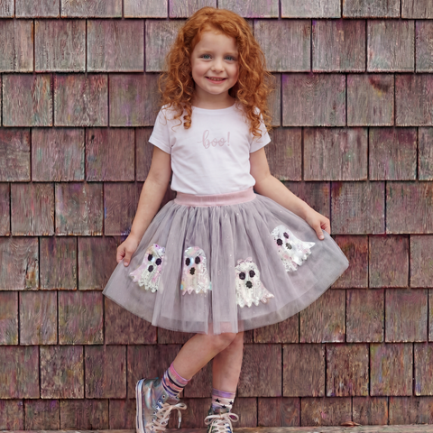 Children's grey tulle skirt with glittery ghost appliques and pink elastic waistband