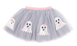 Children's grey tulle skirt with glittery ghost appliques and pink elastic waistband
