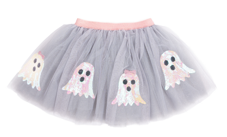 Children's grey tulle skirt with glittery ghost appliques and pink elastic waistband