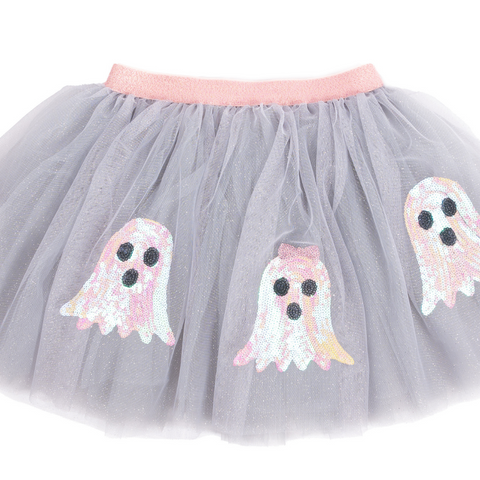 Children's grey tulle skirt with glittery ghost appliques and pink elastic waistband