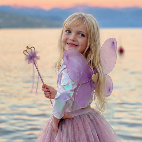 Purple fairy princess costume set with butterfly wings, tutu skirt, and gold wand