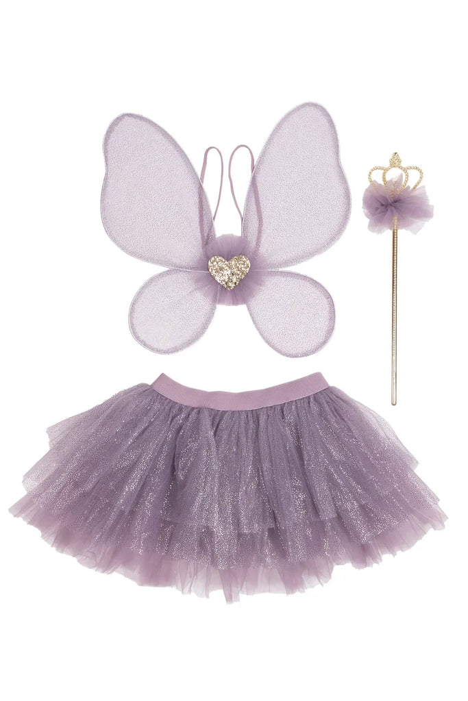 Purple fairy princess costume set with butterfly wings, tutu skirt, and gold wand