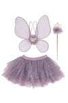 Purple fairy princess costume set with butterfly wings, tutu skirt, and gold wand