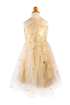 Children's gold tulle dress with multicolor sequin embellishments displayed on mannequin