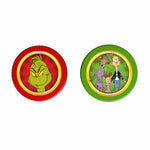 Two round game pieces featuring The Grinch on red and Whoville characters on green backgrounds