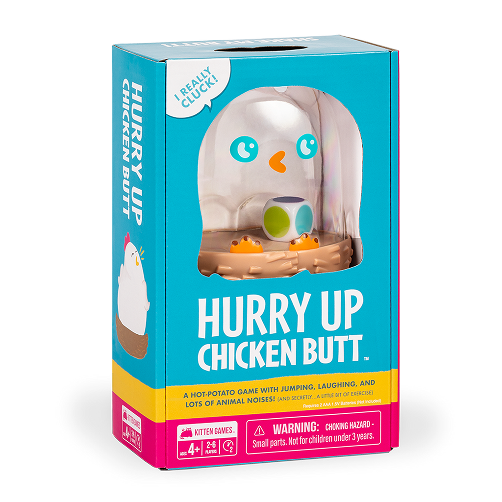 Hurry Up Chicken Butt board game box featuring a chicken figure in a nest with colorful dice