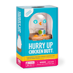 Hurry Up Chicken Butt board game box featuring a chicken figure in a nest with colorful dice