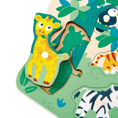 Hape Wild Animals Peg Puzzle with colorful jungle animal pieces on wooden board