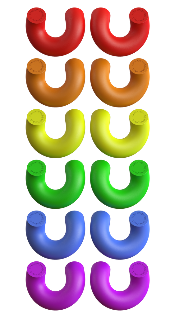 Helius 5+ sensory chew toys in six rainbow colors displayed in pairs on black background