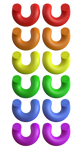Helius 5+ sensory chew toys in six rainbow colors displayed in pairs on black background