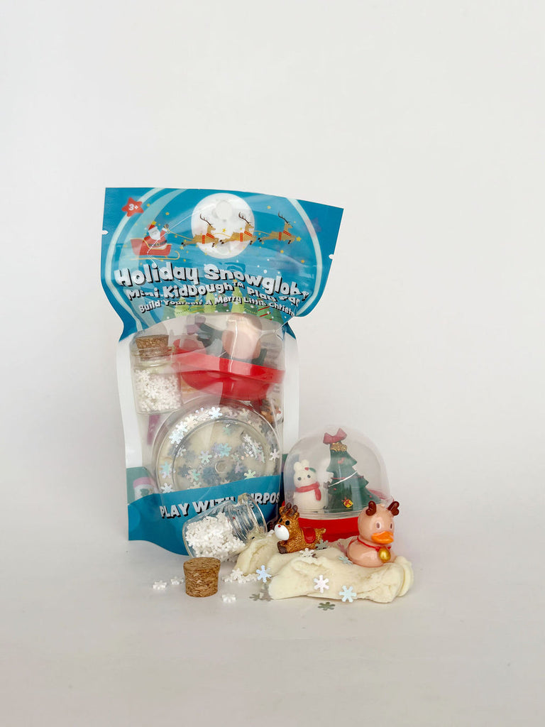 Holiday Snowglobe Mini Kiddough Play Kit with snowman globe, reindeer figurine, and dough for ages 3+
