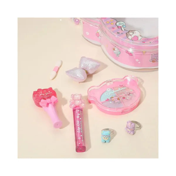 Pink Glitz Beauty Critters makeup set with lip gloss, eyeshadow palette, hair bow, and rings