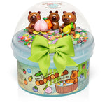 Kawaii Slime Company Capybara Fruit Spa slime container with three capybara figurines and green ribbon bow