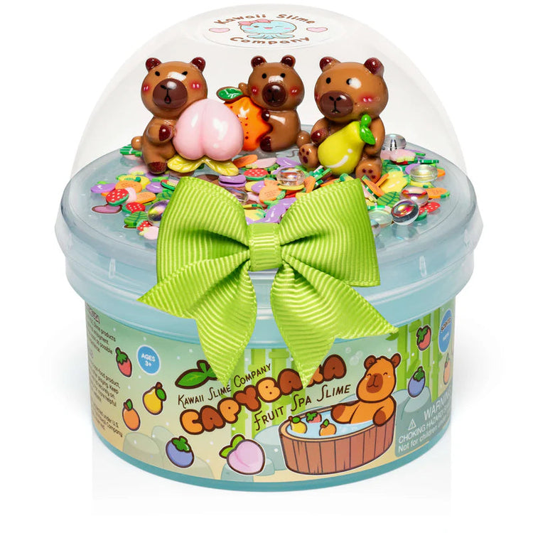 Kawaii Slime Company Capybara Fruit Spa slime container with three capybara figurines and green ribbon bow