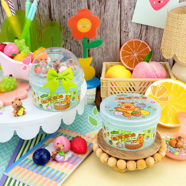 Kawaii Slime Capybara Fruit Spa containers with cute bear figurines and colorful fruit decorations