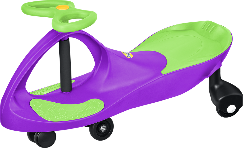 Purple and green PlasmaCar ride-on toy with black wheels on white background