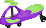 Purple and green PlasmaCar ride-on toy with black wheels on white background