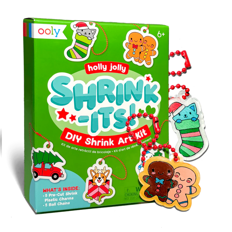 OOLY Holly Jolly Shrink-Its DIY Shrink Art Kit with Christmas charm keychains displayed