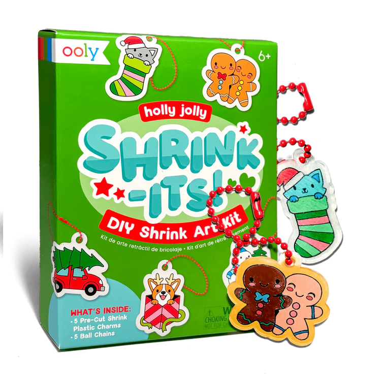 OOLY Holly Jolly Shrink-Its DIY Shrink Art Kit with Christmas charm keychains displayed