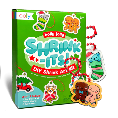 OOLY Holly Jolly Shrink-Its DIY Shrink Art Kit with Christmas charm keychains displayed