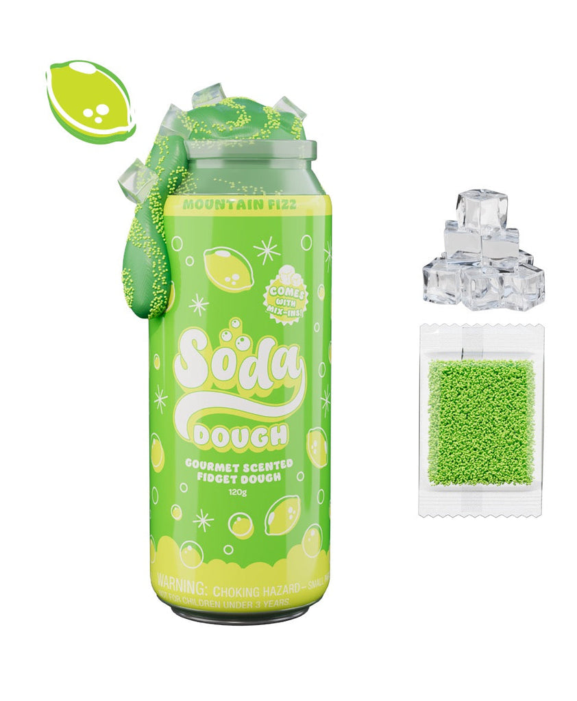 Soda Dough Mountain Fizz lime-scented fidget dough in green soda can with ice cube and sprinkle mix-ins