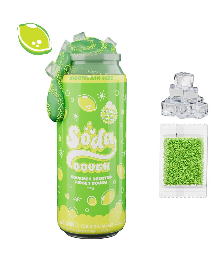 Soda Dough Mountain Fizz lime-scented fidget dough in green soda can with ice cube and sprinkle mix-ins