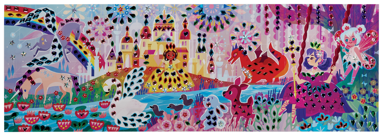 Colorful fairytale mosaic poster featuring castle, princess, dragon, unicorn, and fairies with jewel embellishments