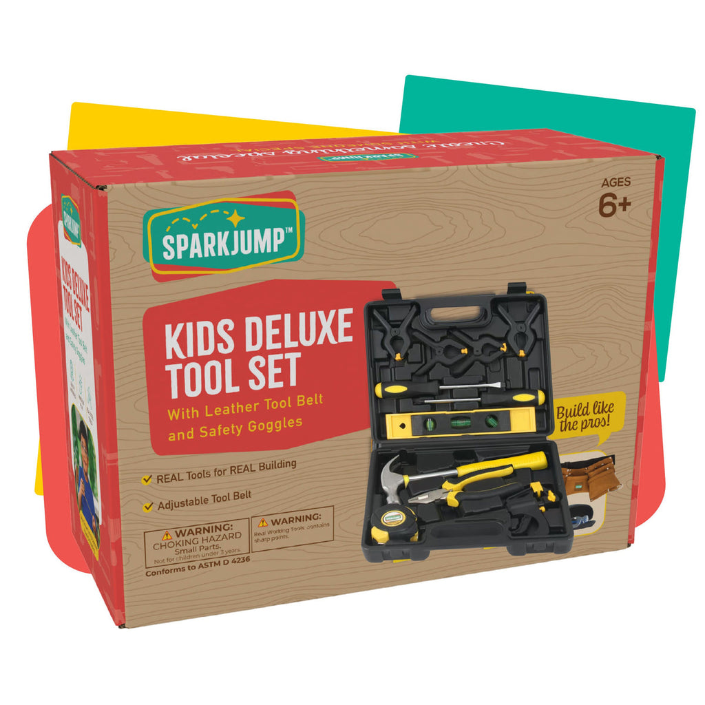 Kids Deluxe Tool Set with Leather Tool Belt & Safety Goggles 6+