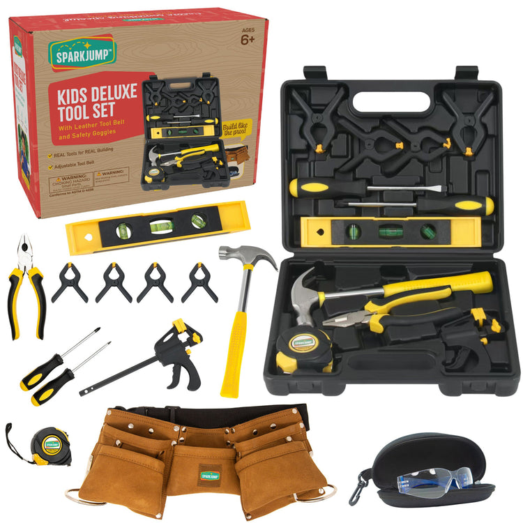 Kids Deluxe Tool Set with Leather Tool Belt & Safety Goggles 6+