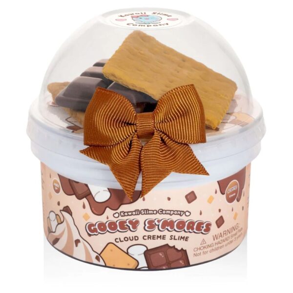 Kawaii Slime Company Gooey S'mores Cloud Creme slime in decorated container with brown bow and graham cracker toppings