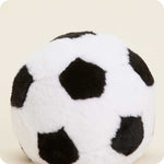 Warmies plush soccer ball stuffed animal with black and white pattern on cream background