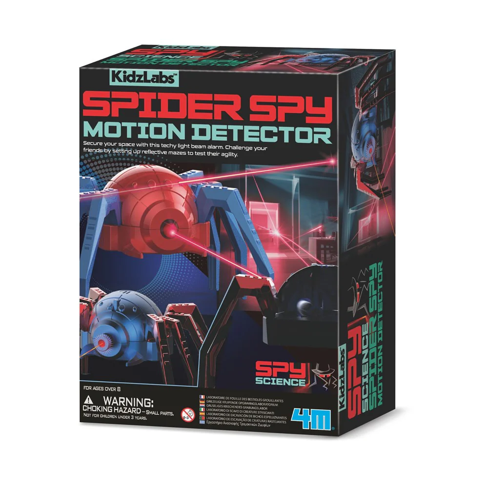 KidzLabs Spider Spy Motion Detector toy kit box featuring robotic spider with laser beams
